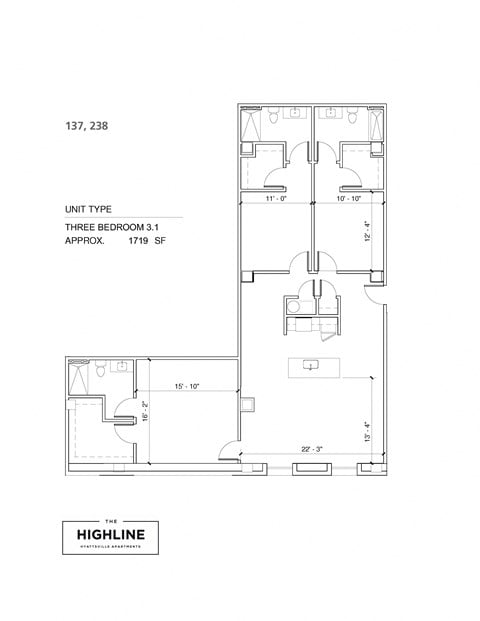 Floor plan for 3 beds, 3 baths, 1740 sqft